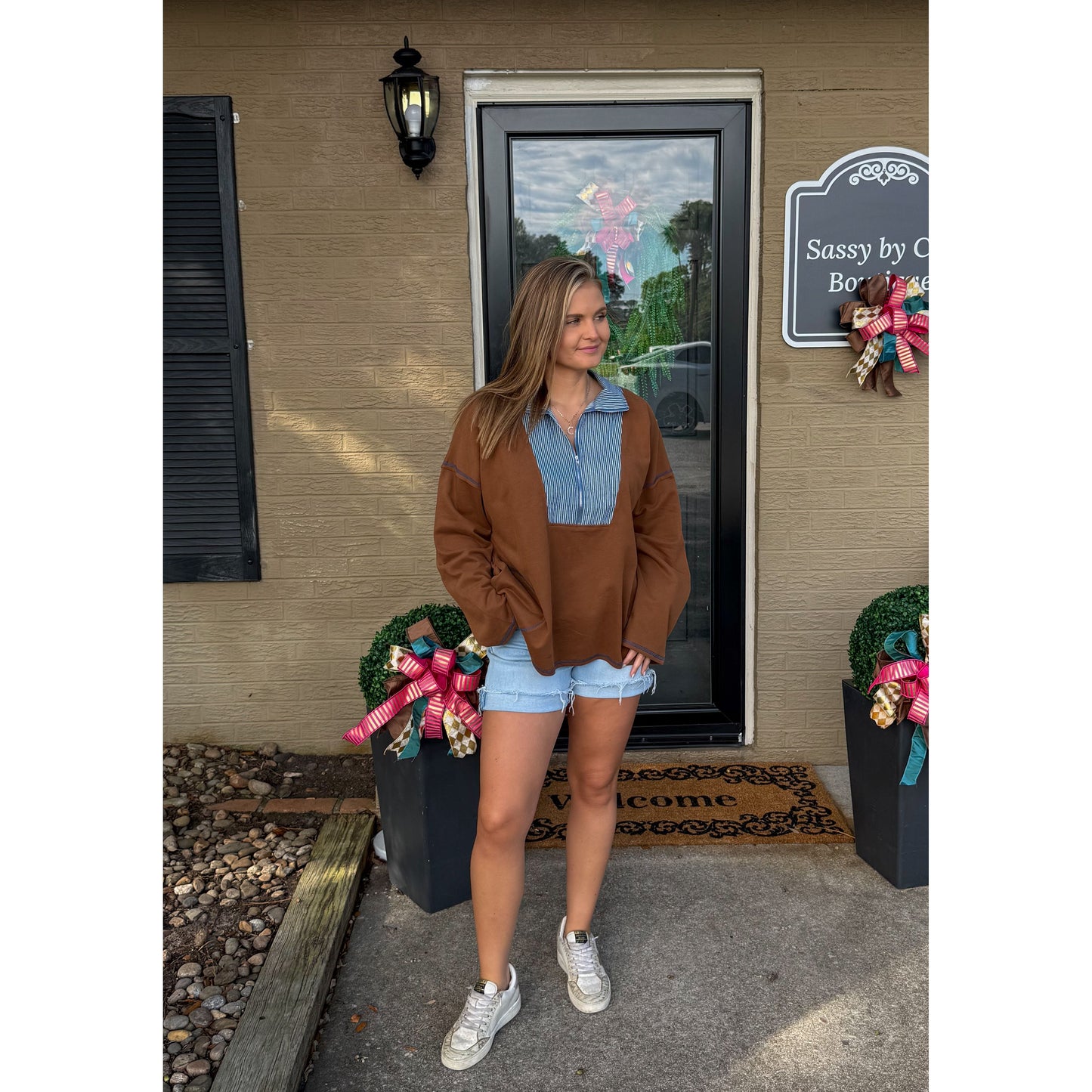 Amy French Terry Sweatshirt, Chocolate/Denim