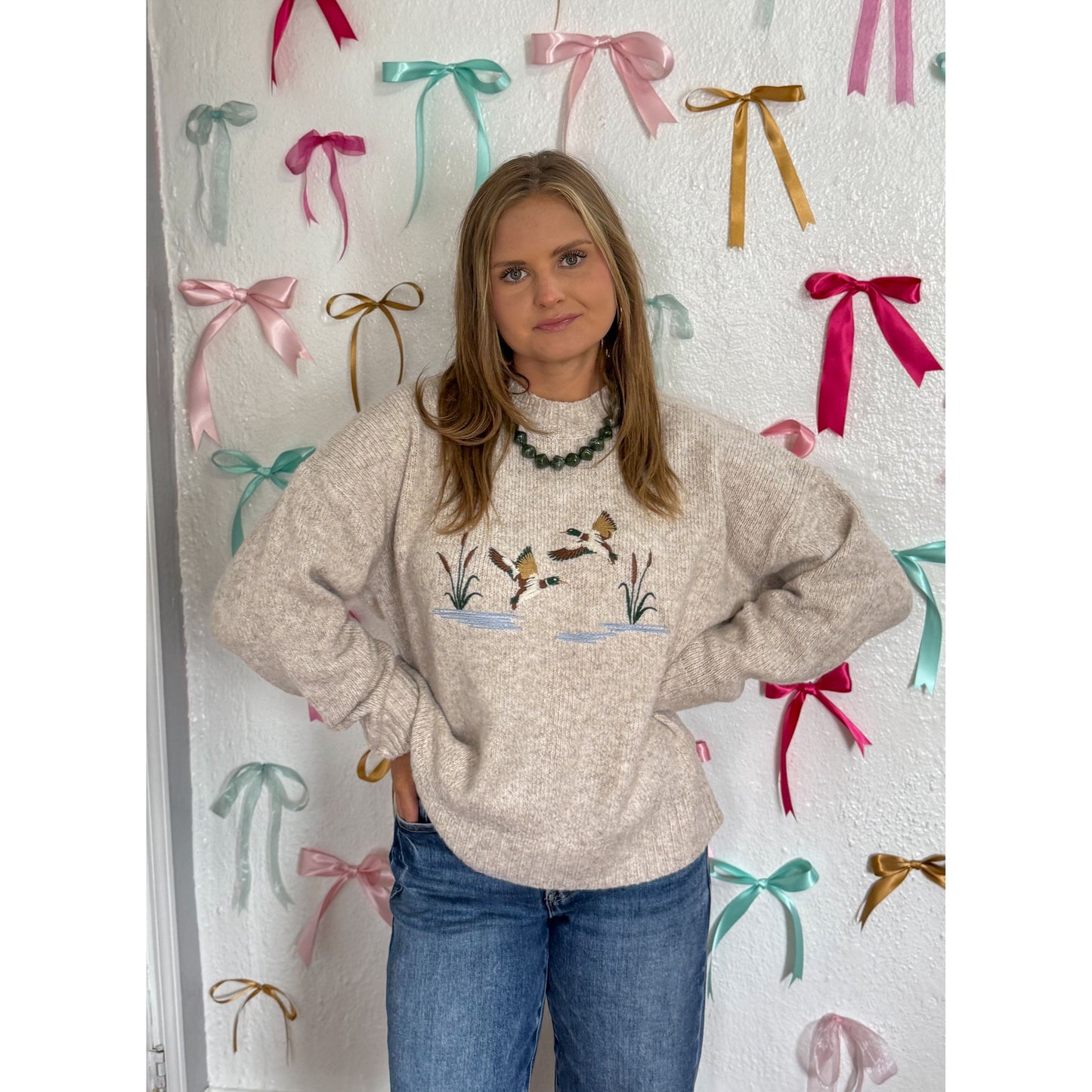 Duck Embroidered Sweater, Oatmeal