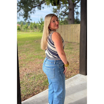 Crochet Crop Top, Navy/Ivory
