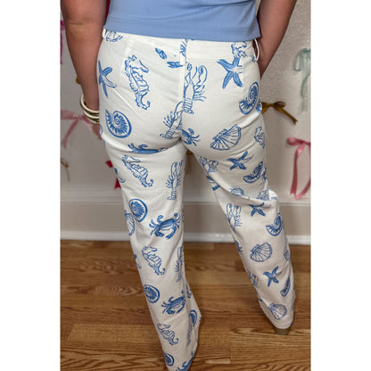 Nautical Pattern Denim Jeans, White/Blue
