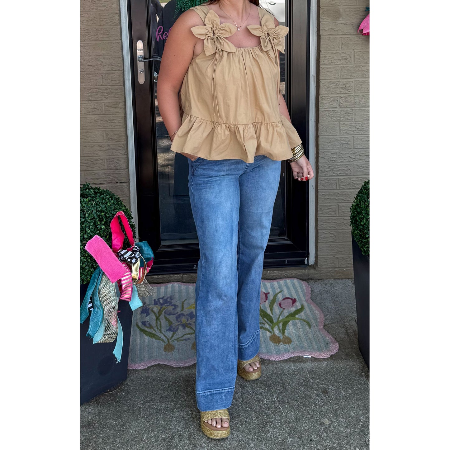 3D Flower Square Neck Top, Mocha