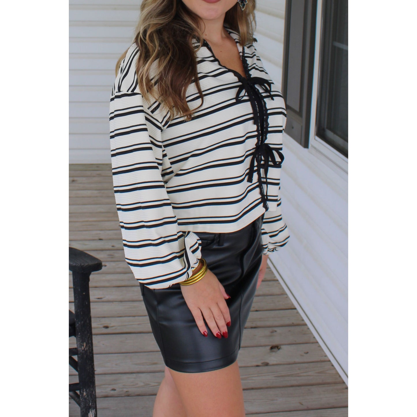 Rivers Bow Stripe Top, Black/White