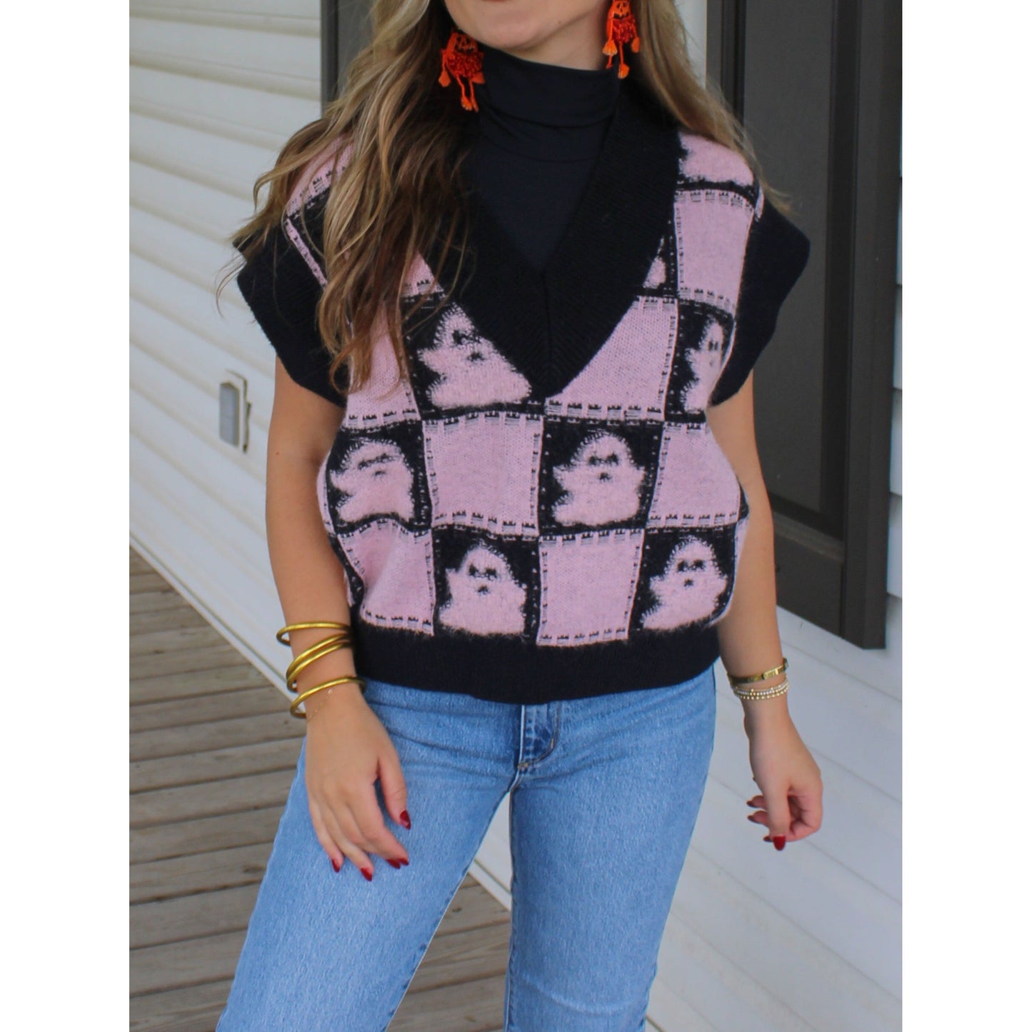 For the Ghouls Sweater Vest, Light Pink/Black