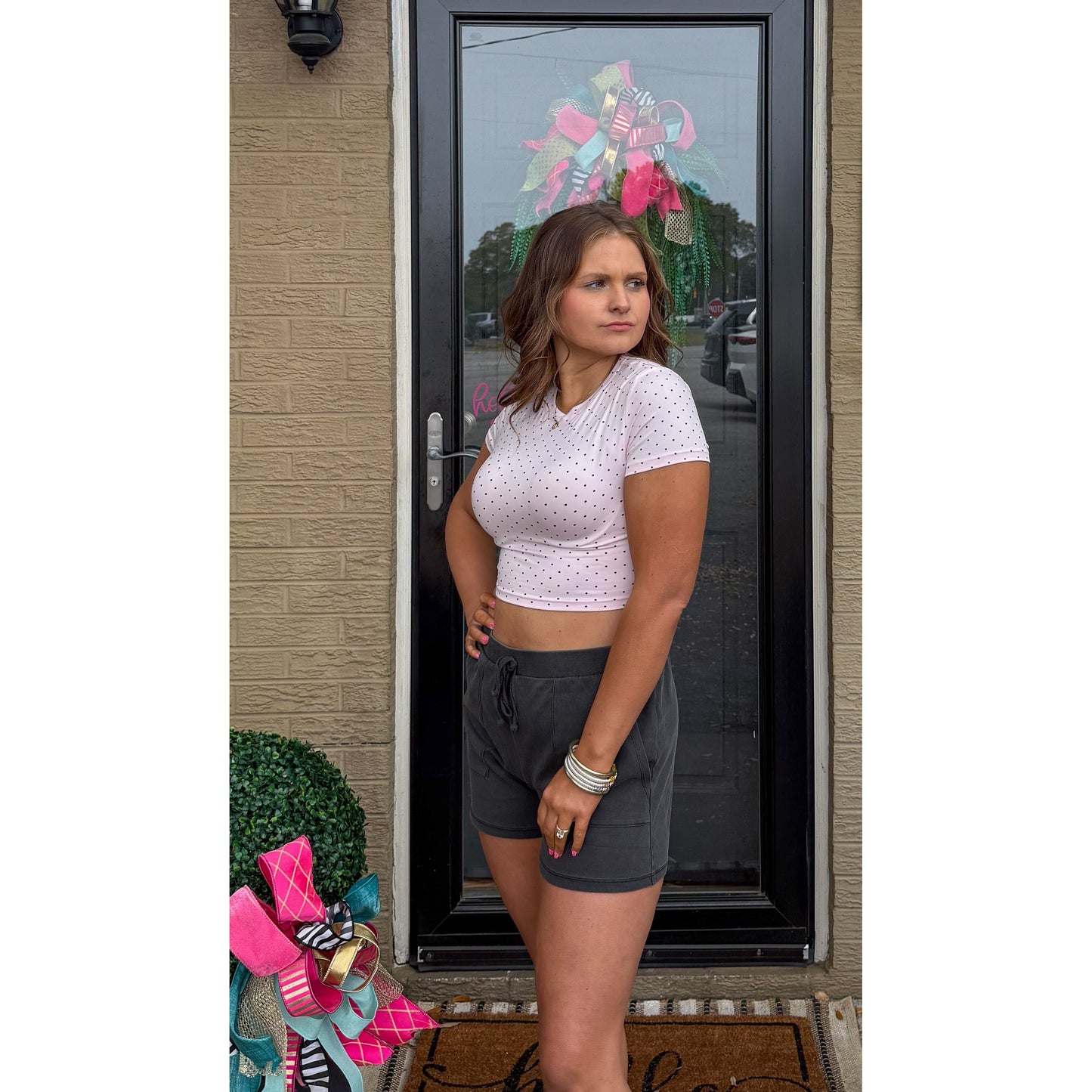 Polka Dot Detail Crop Top, Pink/Black
