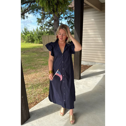 Navy Ruffle Collar Maxi Dress