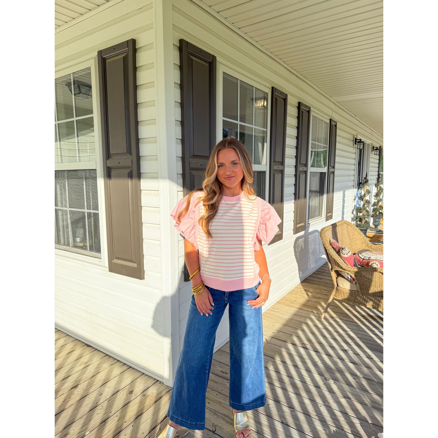 Margo Stripe Top, Light Pink/Cream