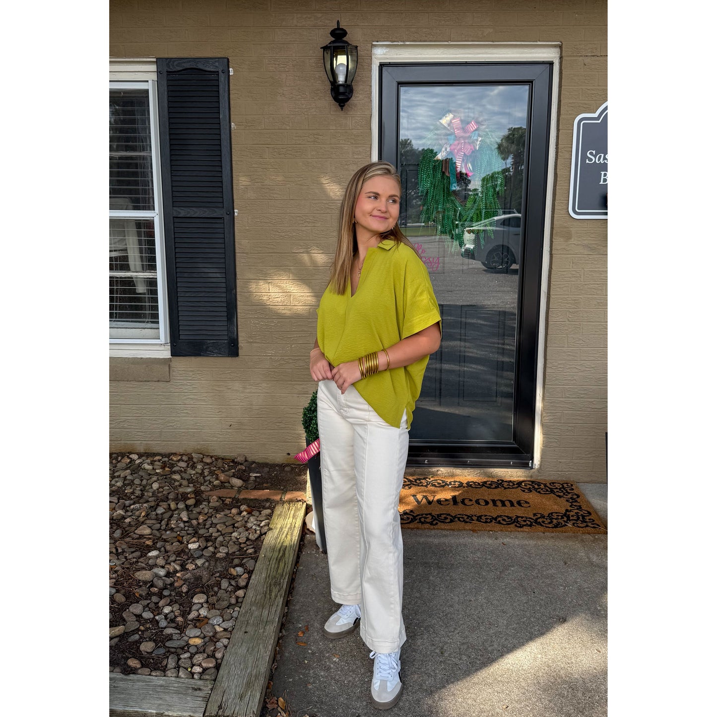 Julianna V-Neck/Collar Top, Chartreuse