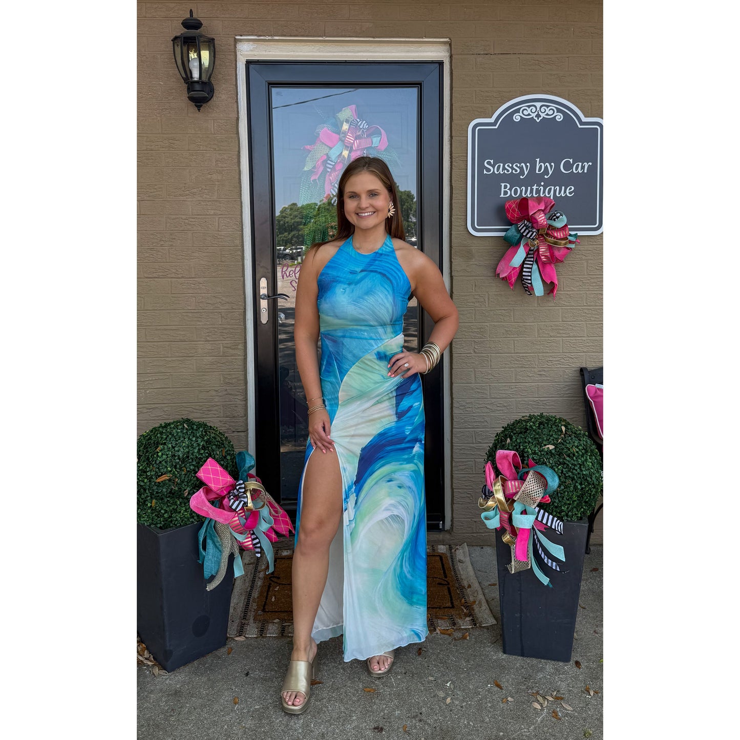 Watercolor Halter Detail Maxi Dress, Blue Multi