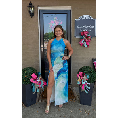Watercolor Halter Detail Maxi Dress, Blue Multi