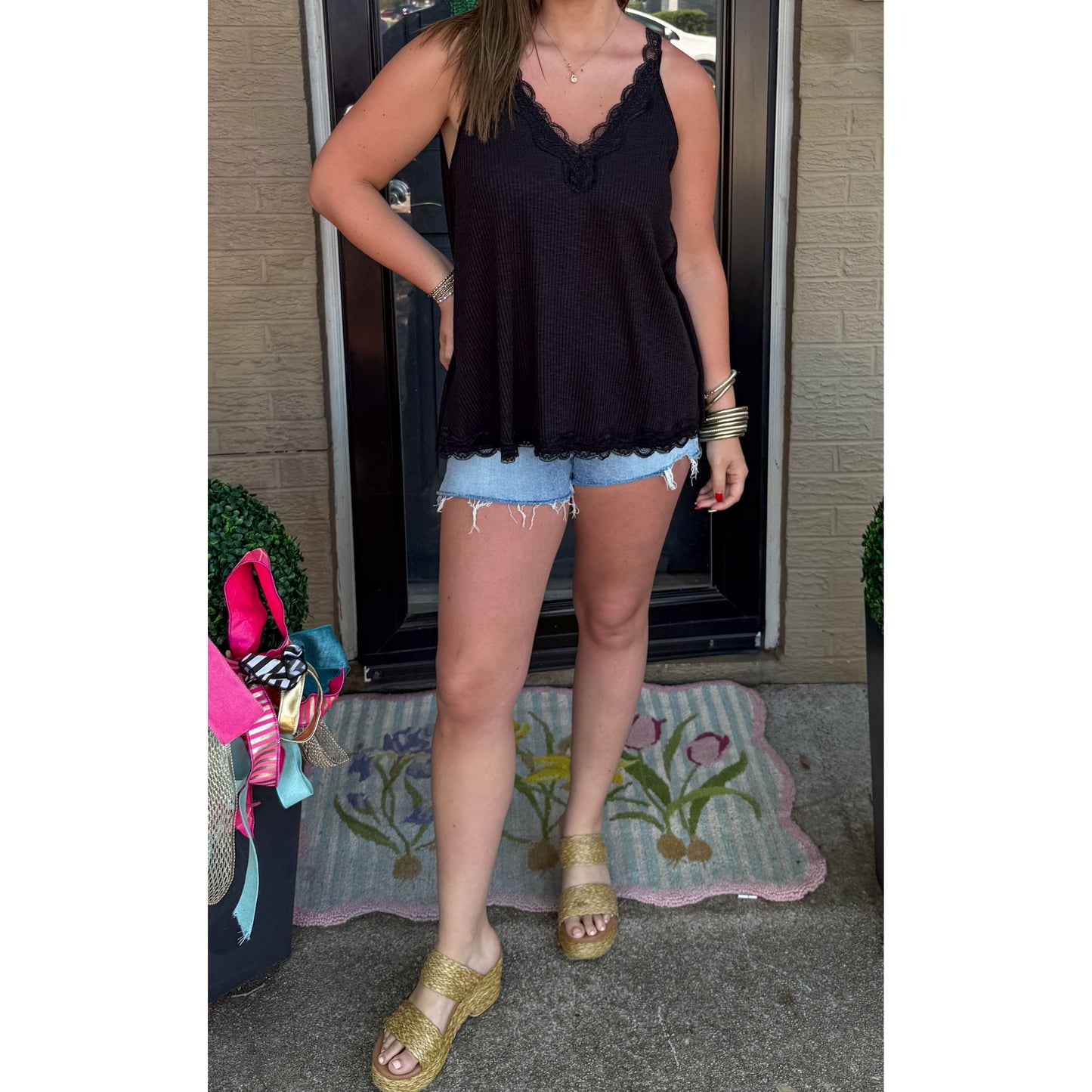 Lace/Ribbed Flowy Tank, Black
