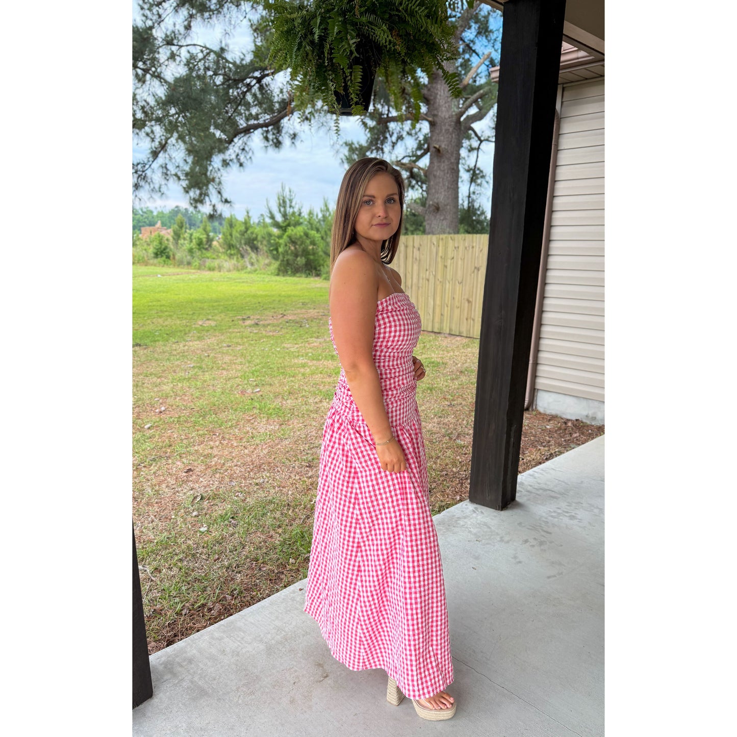 Strapless Gingham Maxi Dress, Red/White