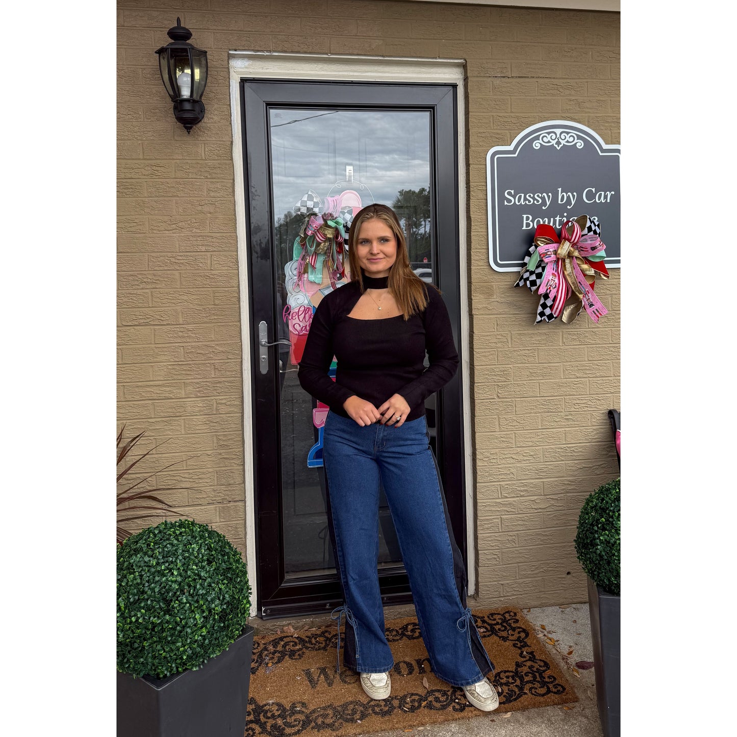 Mock Neck Cutout Top, Black