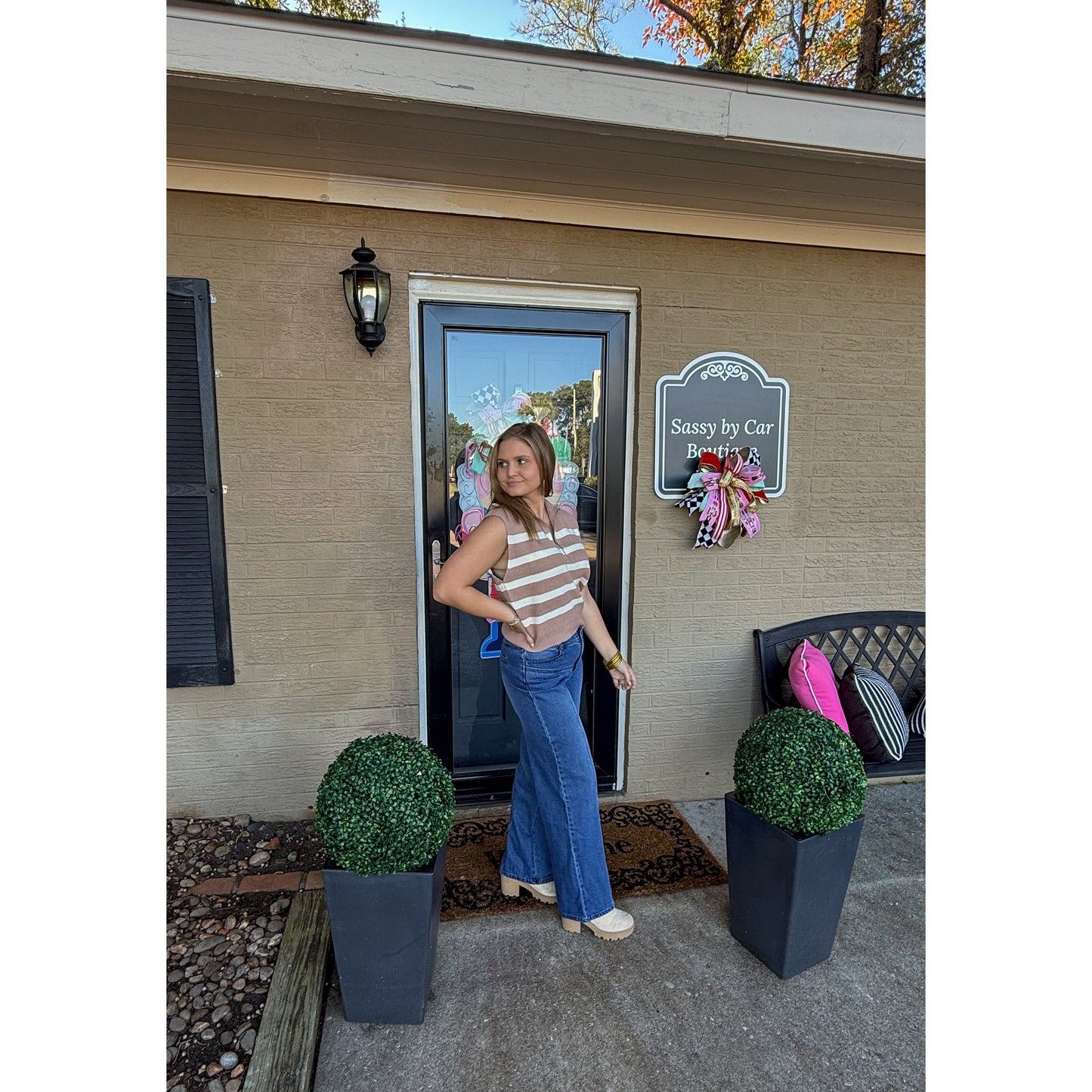 Rivers Stripe Top, Taupe/Cream
