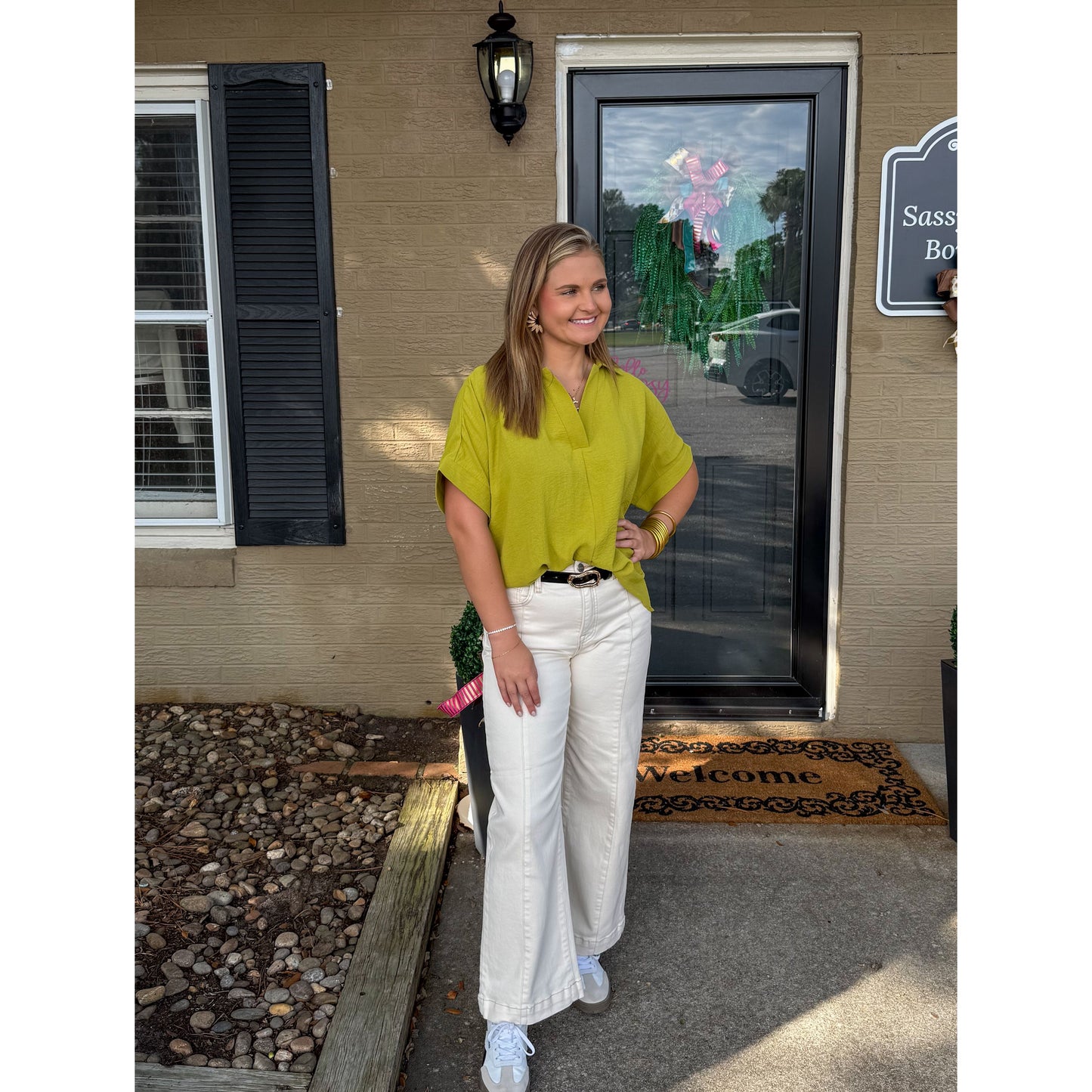 Julianna V-Neck/Collar Top, Chartreuse