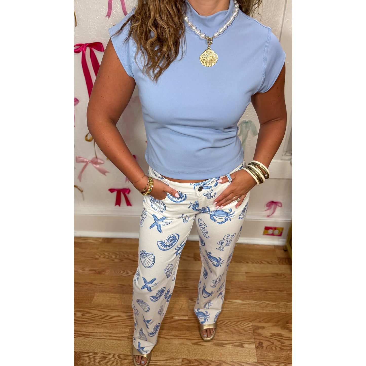 Nautical Pattern Denim Jeans, White/Blue