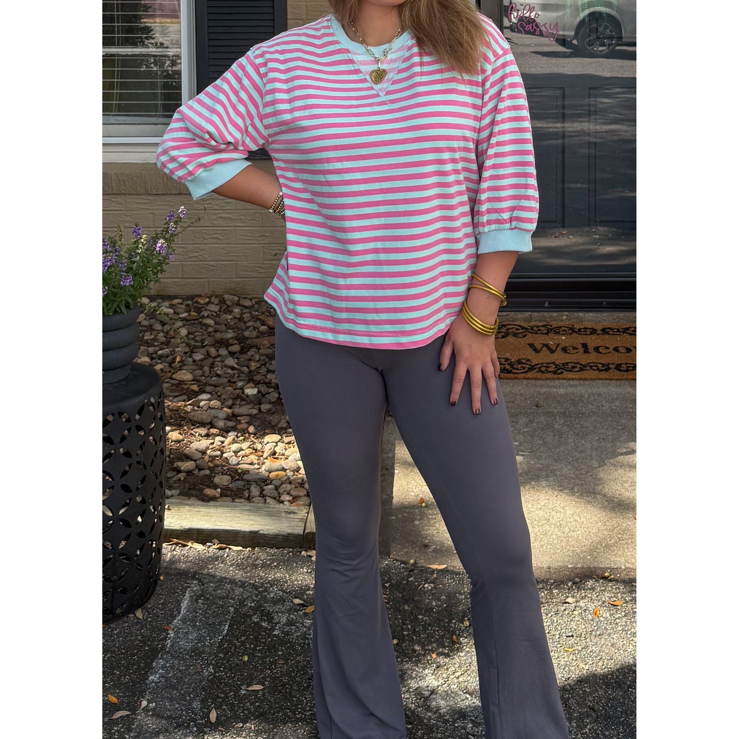 Teagan Stripe Pullover, Aqua/Pink