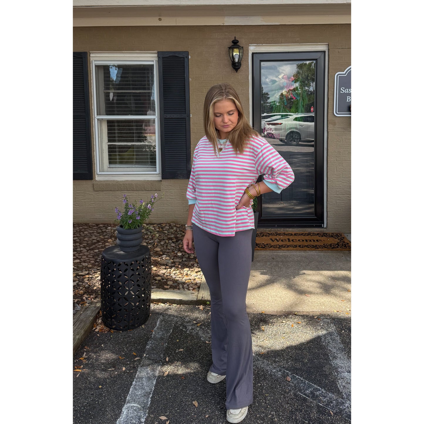 Teagan Stripe Pullover, Aqua/Pink
