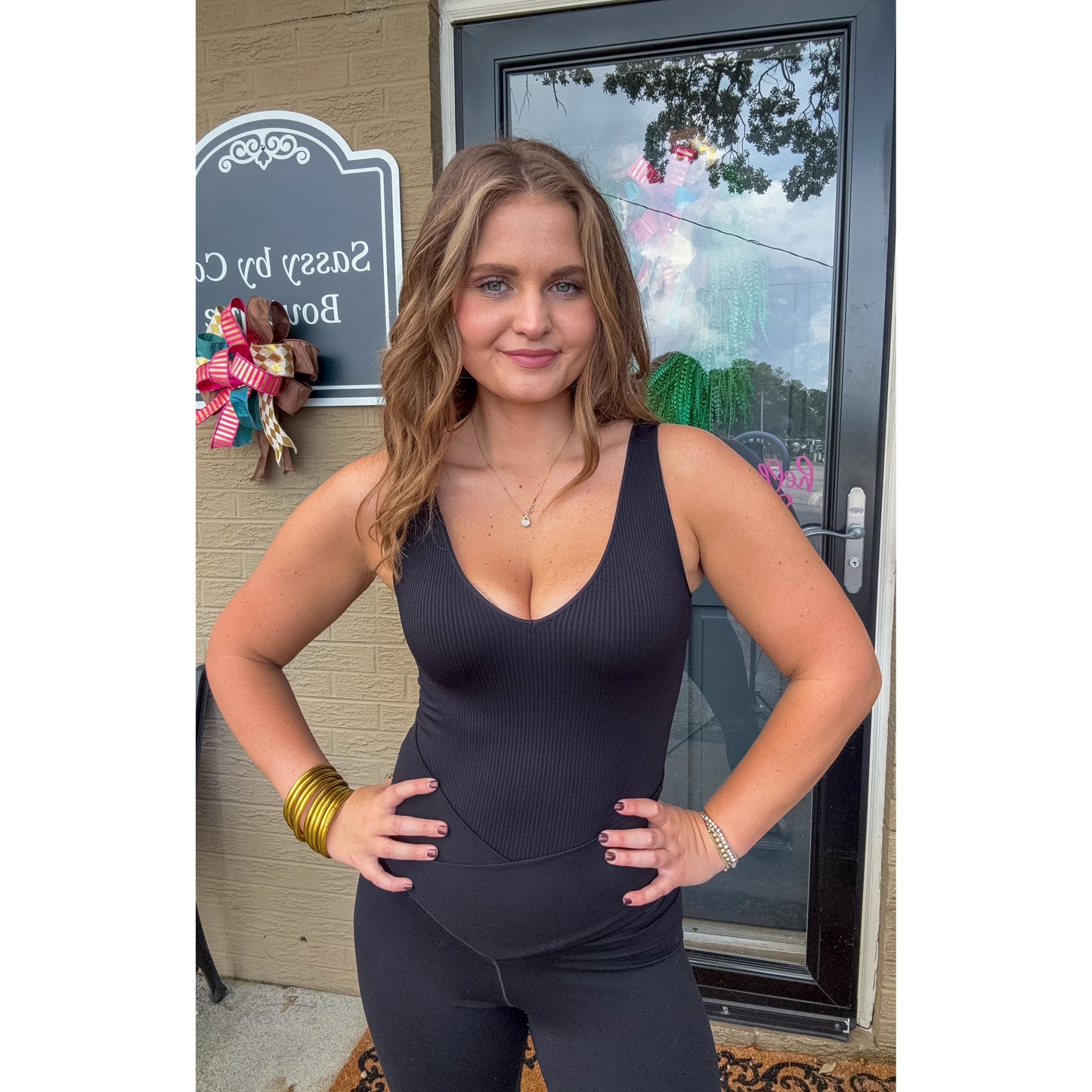Ribbed V Neck Bodysuit, Black