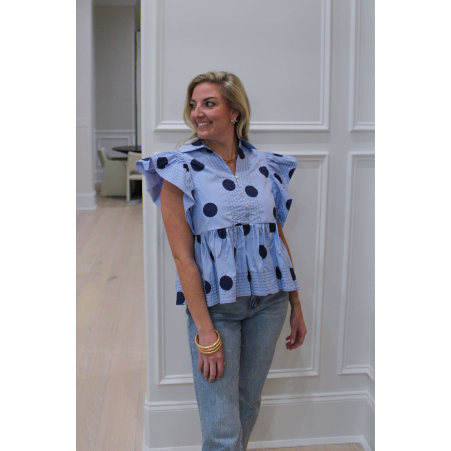 Polka Dot Ruffle Blouse, Navy Multi