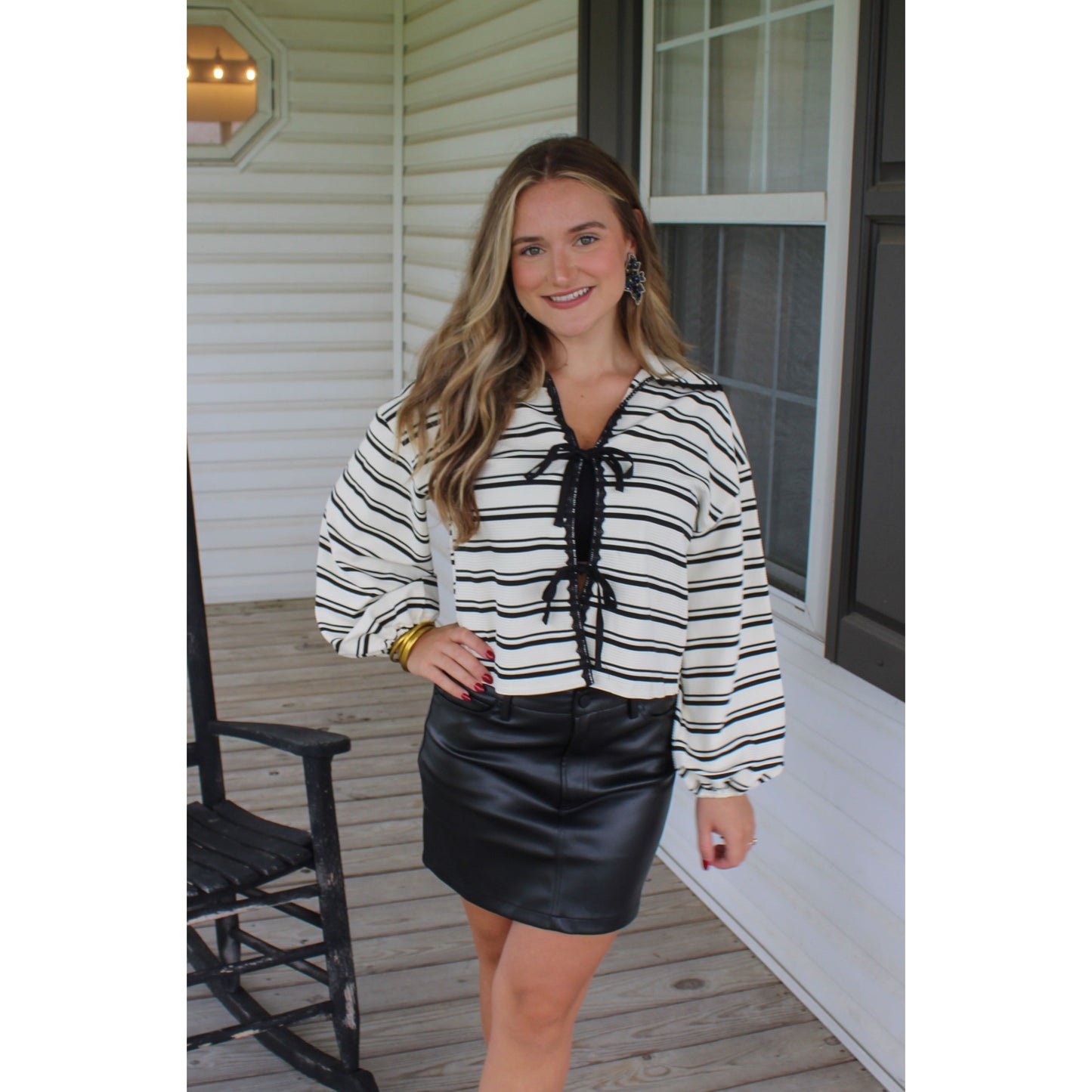 Rivers Bow Stripe Top, Black/White