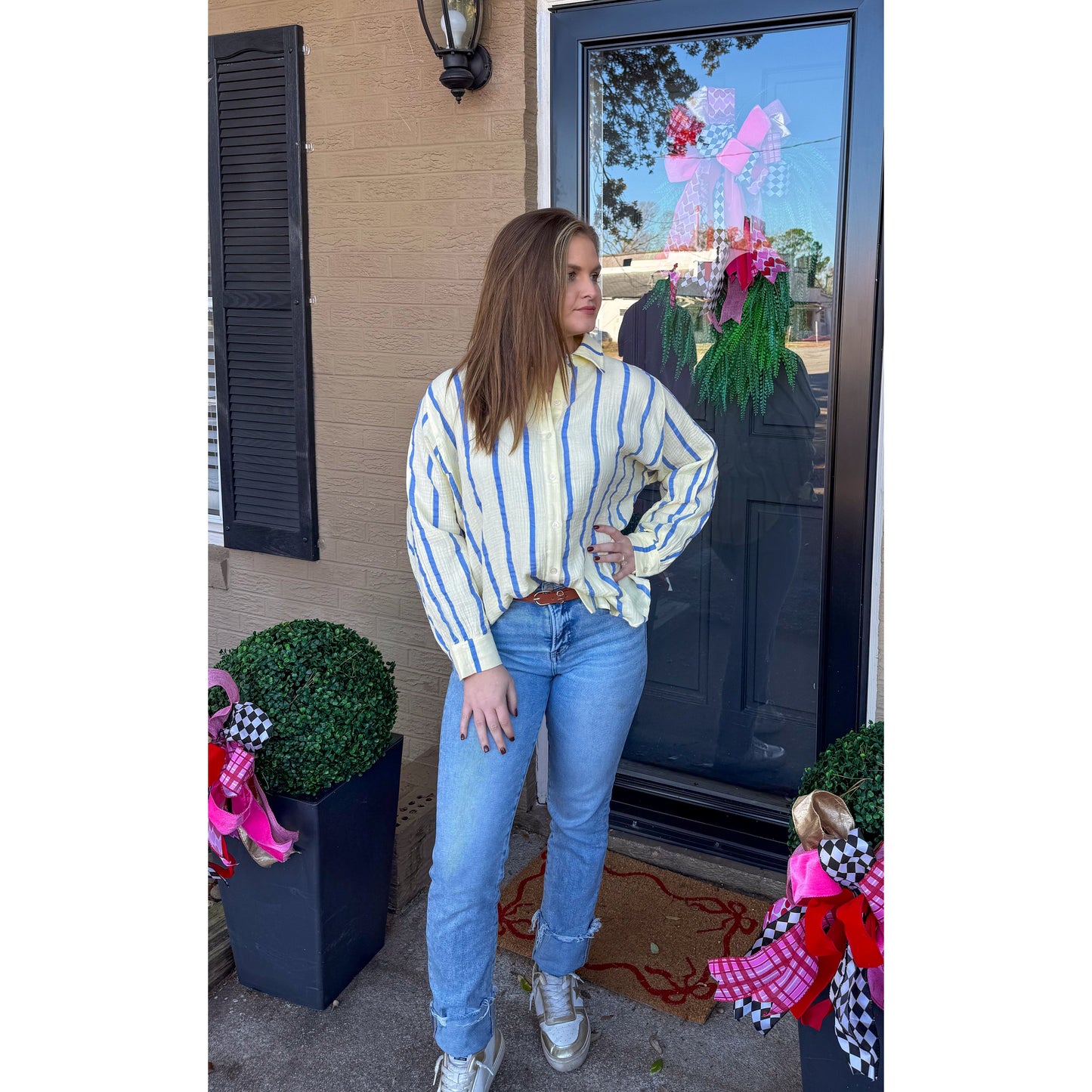 Anne Stripe Button Down Top, Butter Yellow/Blue