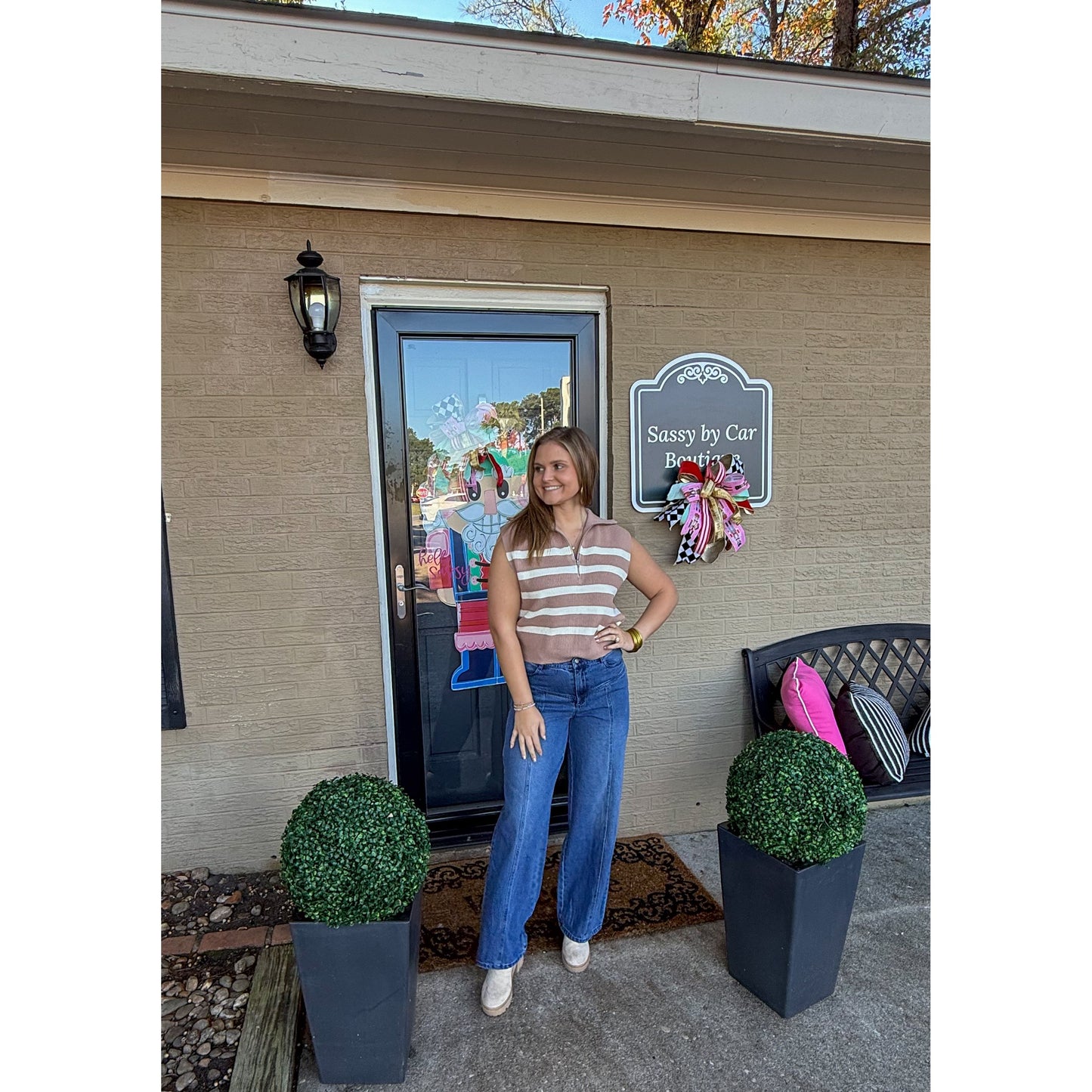 Rivers Stripe Top, Taupe/Cream