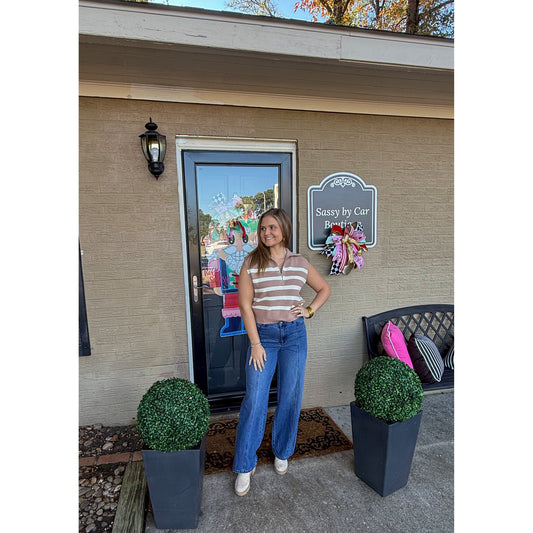 Rivers Stripe Top, Taupe/Cream