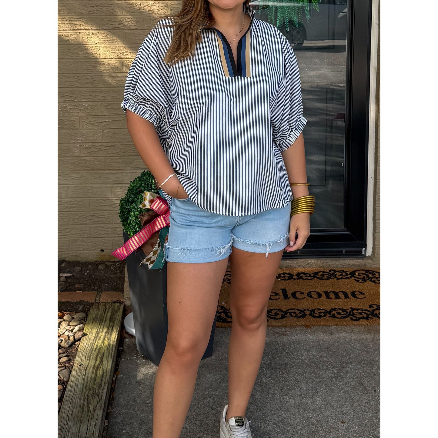 Selena Stripe Blouse, Navy Multi