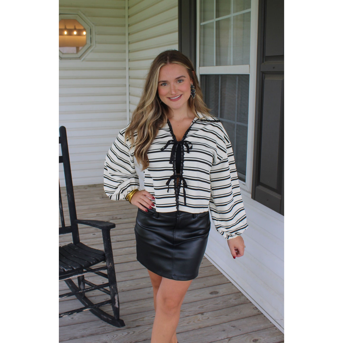 Rivers Bow Stripe Top, Black/White