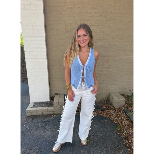 Denim Vest w/ Lace Time, Light Denim/White