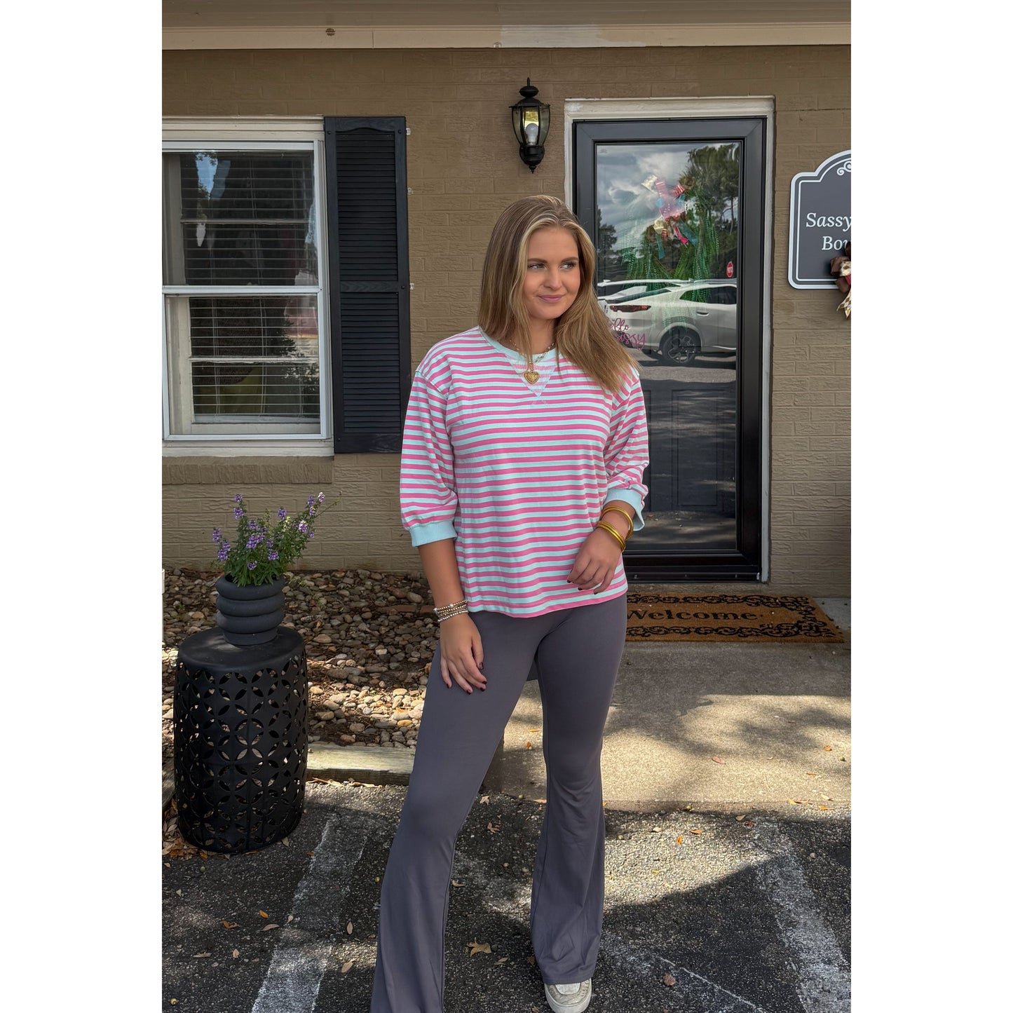 Teagan Stripe Pullover, Aqua/Pink