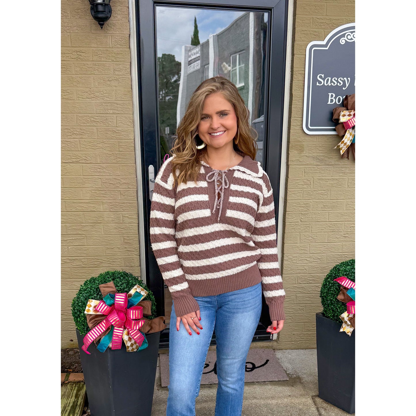 Dylan Stripe Sweater, Ivory/Mocha