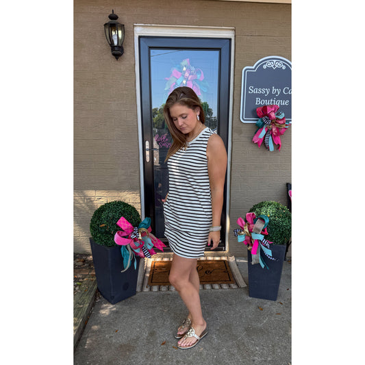 Eloise Stripe Mini Dress, Black/Ivory