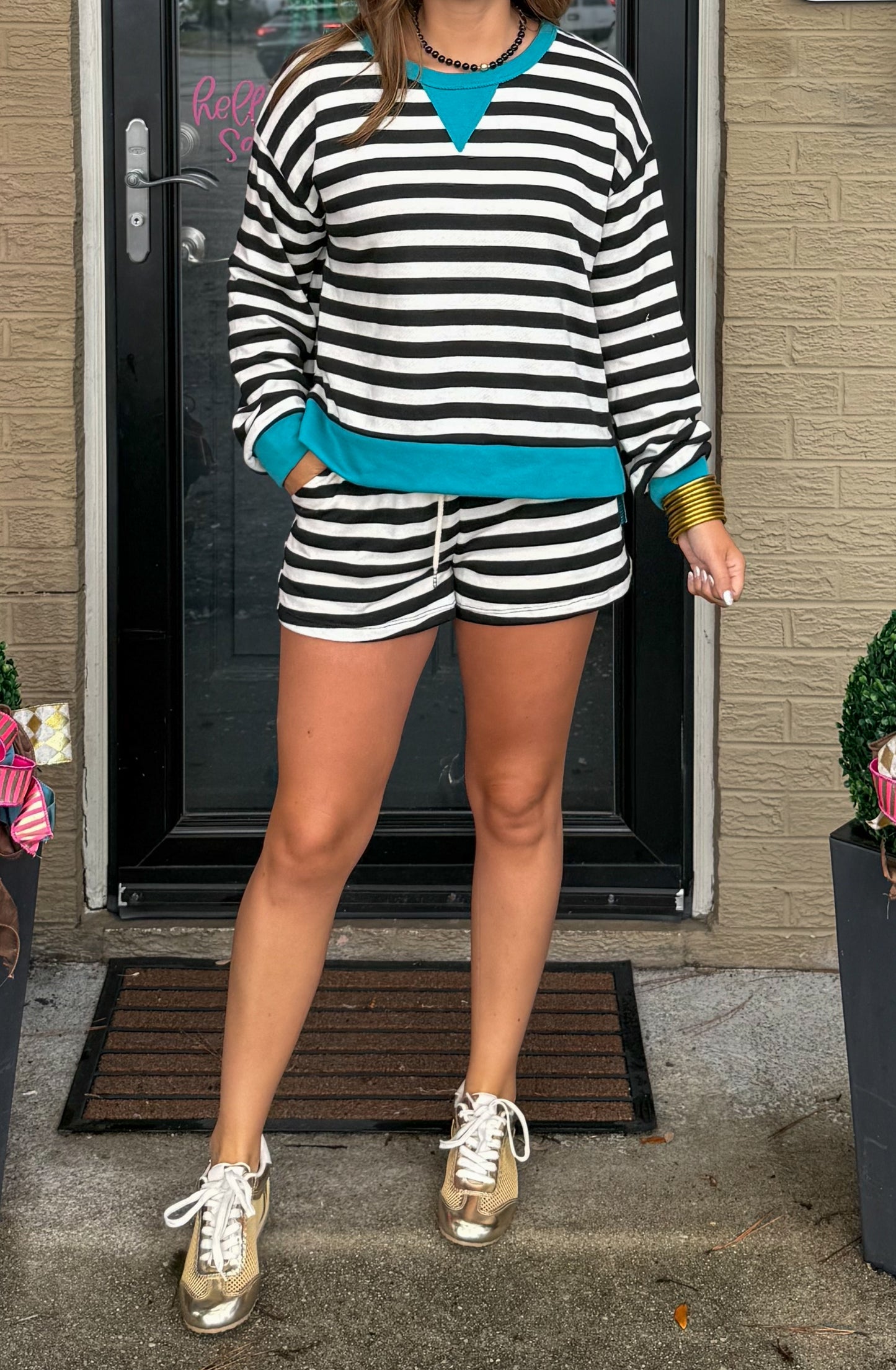 Henley Stripe Lounge Set, Black/Teal