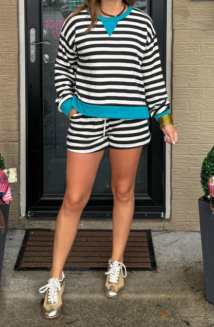 Henley Stripe Lounge Set, Black/Teal