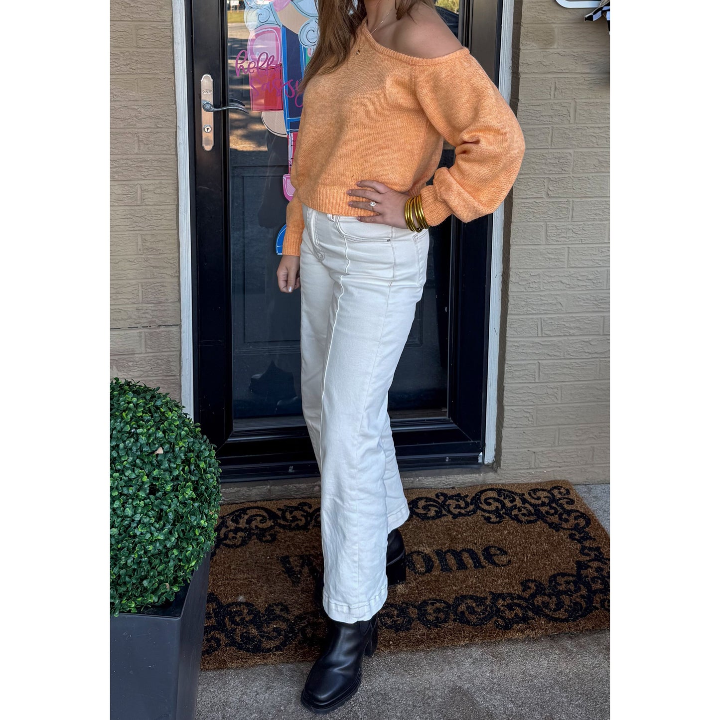 Noelle Asymmetrical Neckline Sweater, Light Orange