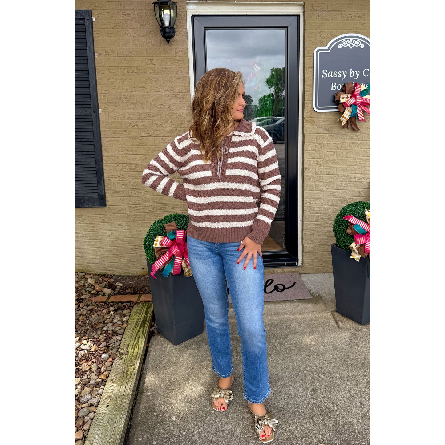Dylan Stripe Sweater, Ivory/Mocha