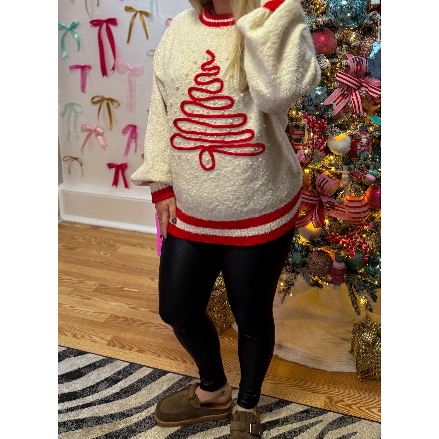Tree w/ Pearl Sweater, Red/Ecru