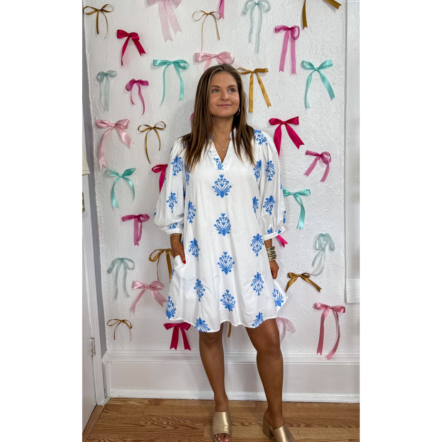 Pattern Detail Mini Dress, White/Blue