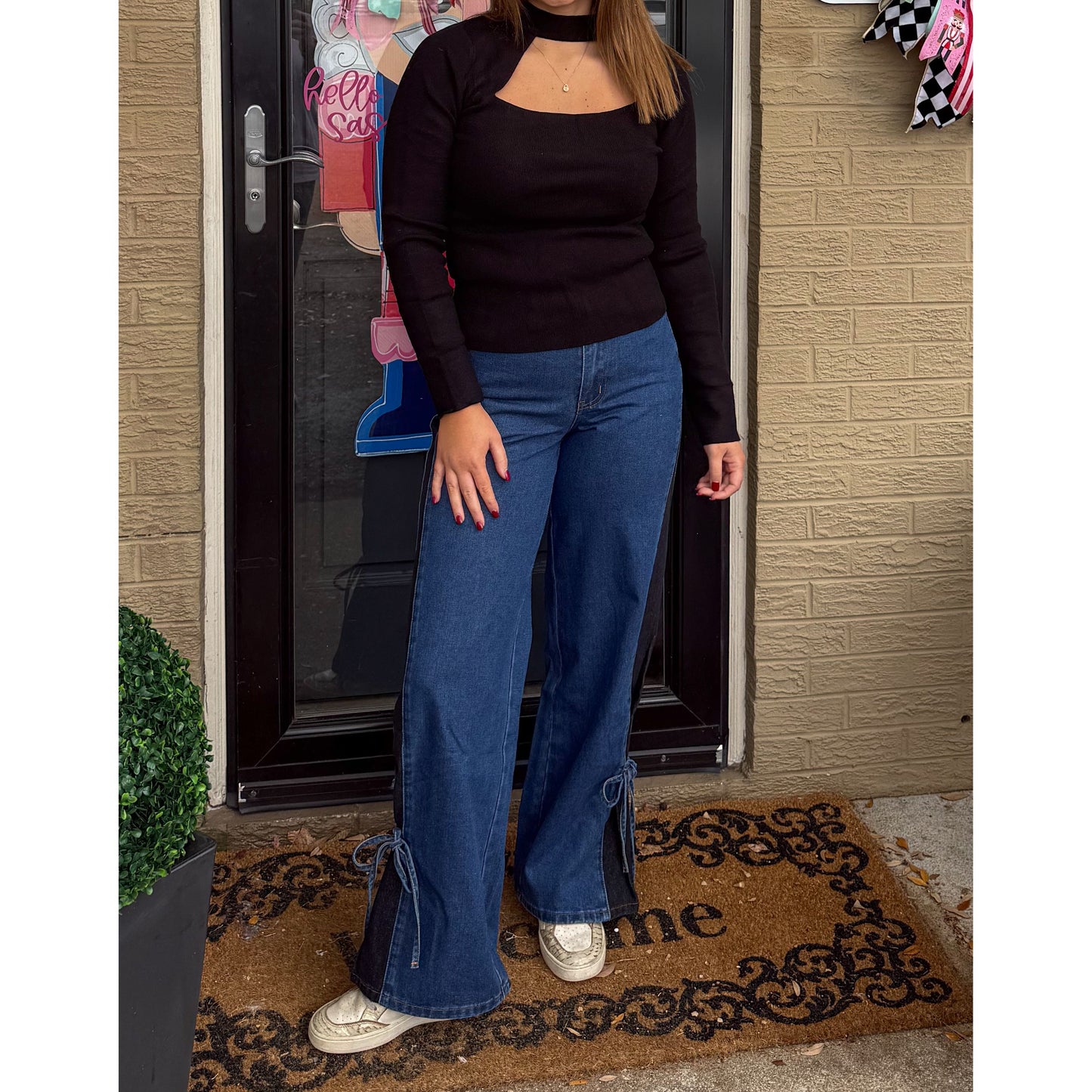 Mock Neck Cutout Top, Black