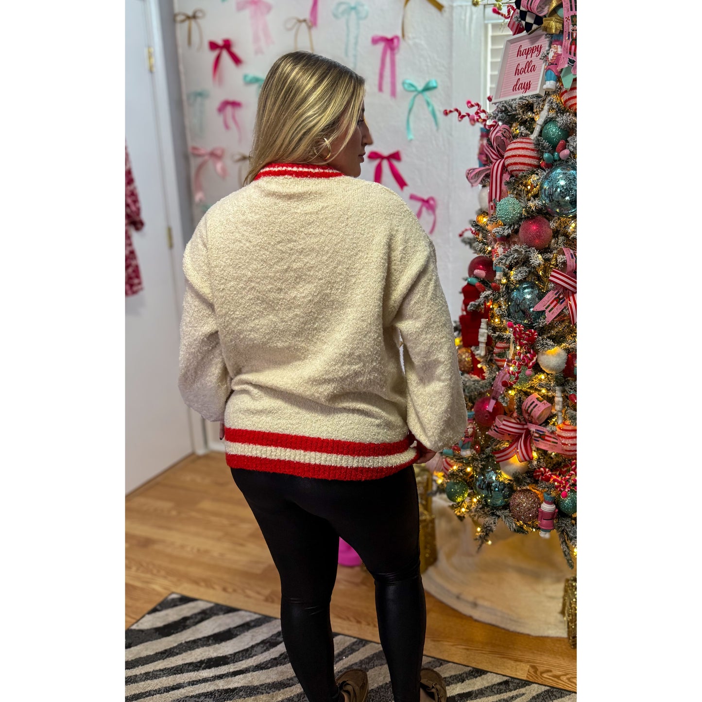 Tree w/ Pearl Sweater, Red/Ecru