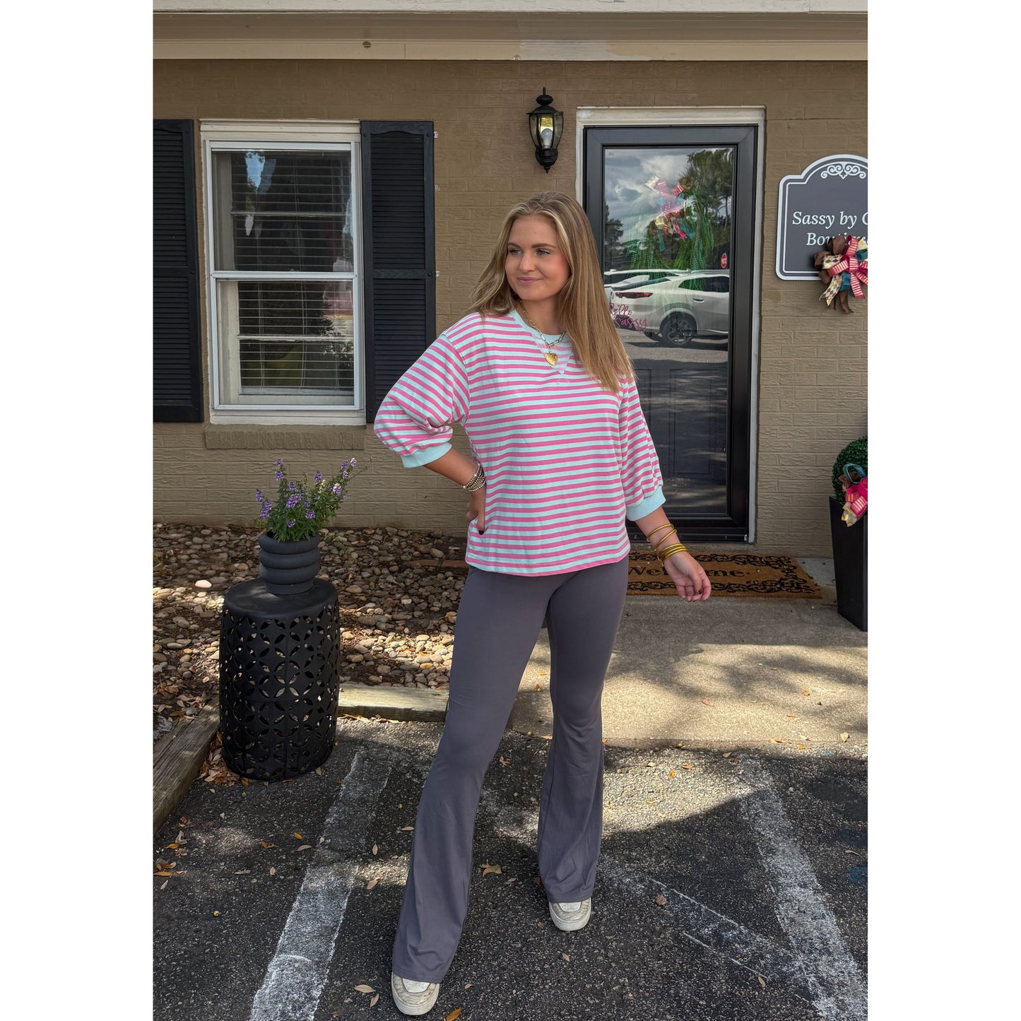 Teagan Stripe Pullover, Aqua/Pink