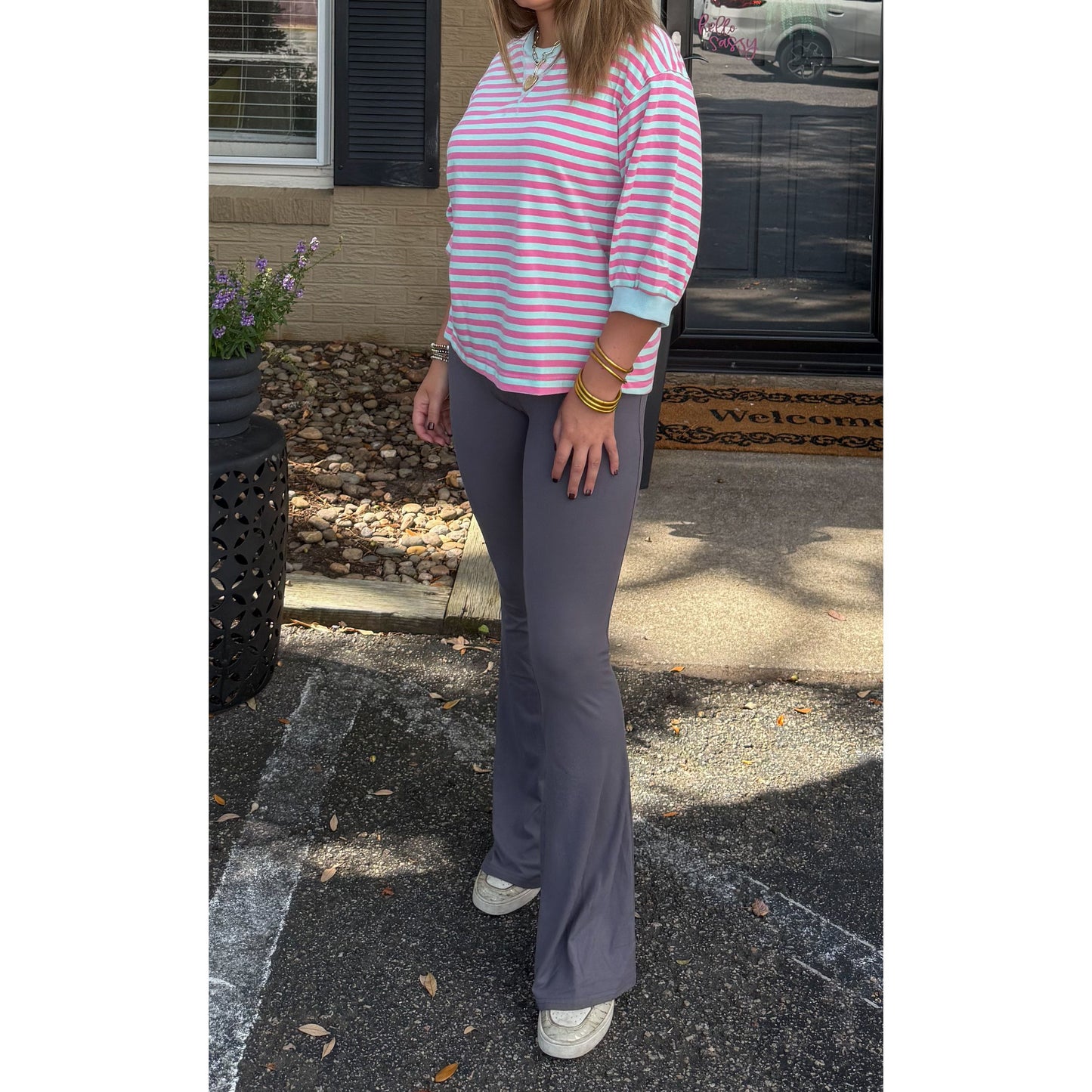 Teagan Stripe Pullover, Aqua/Pink