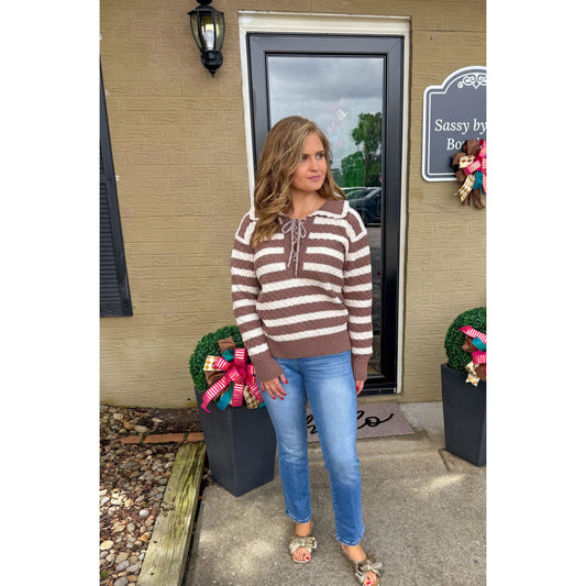 Dylan Stripe Sweater, Ivory/Mocha