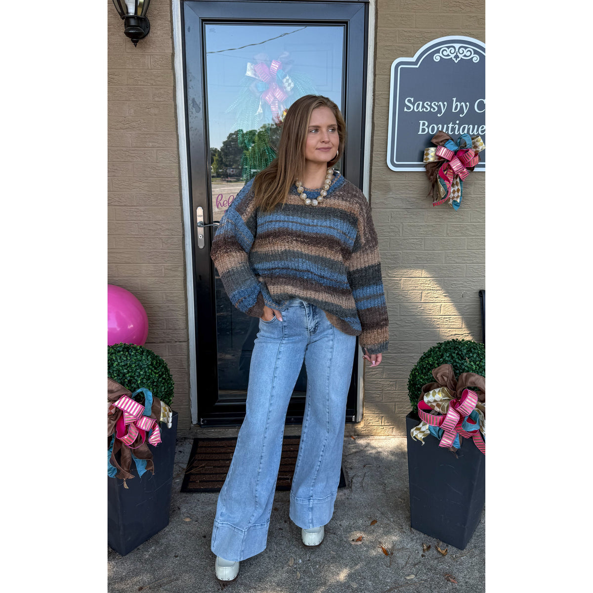 Greer Knit Sweater, Blue/Brown Multi