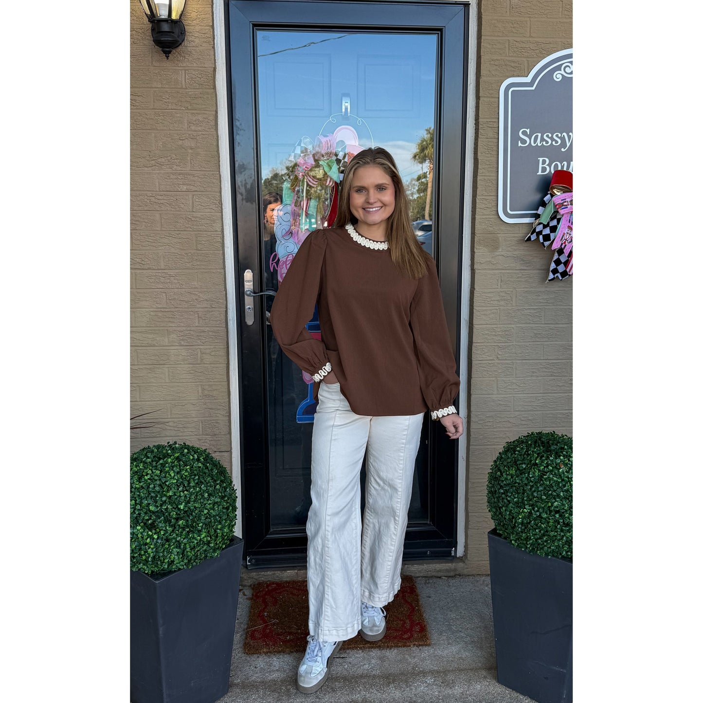 Brooke Detail Blouse, Brown/Ivory