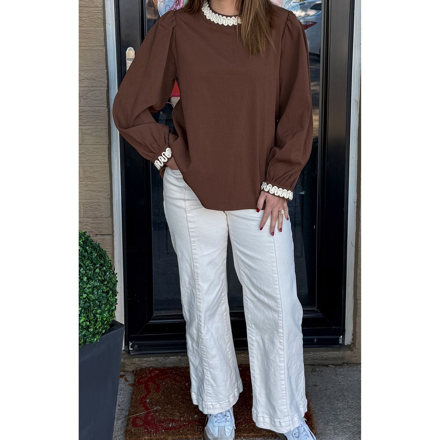 Brooke Detail Blouse, Brown/Ivory