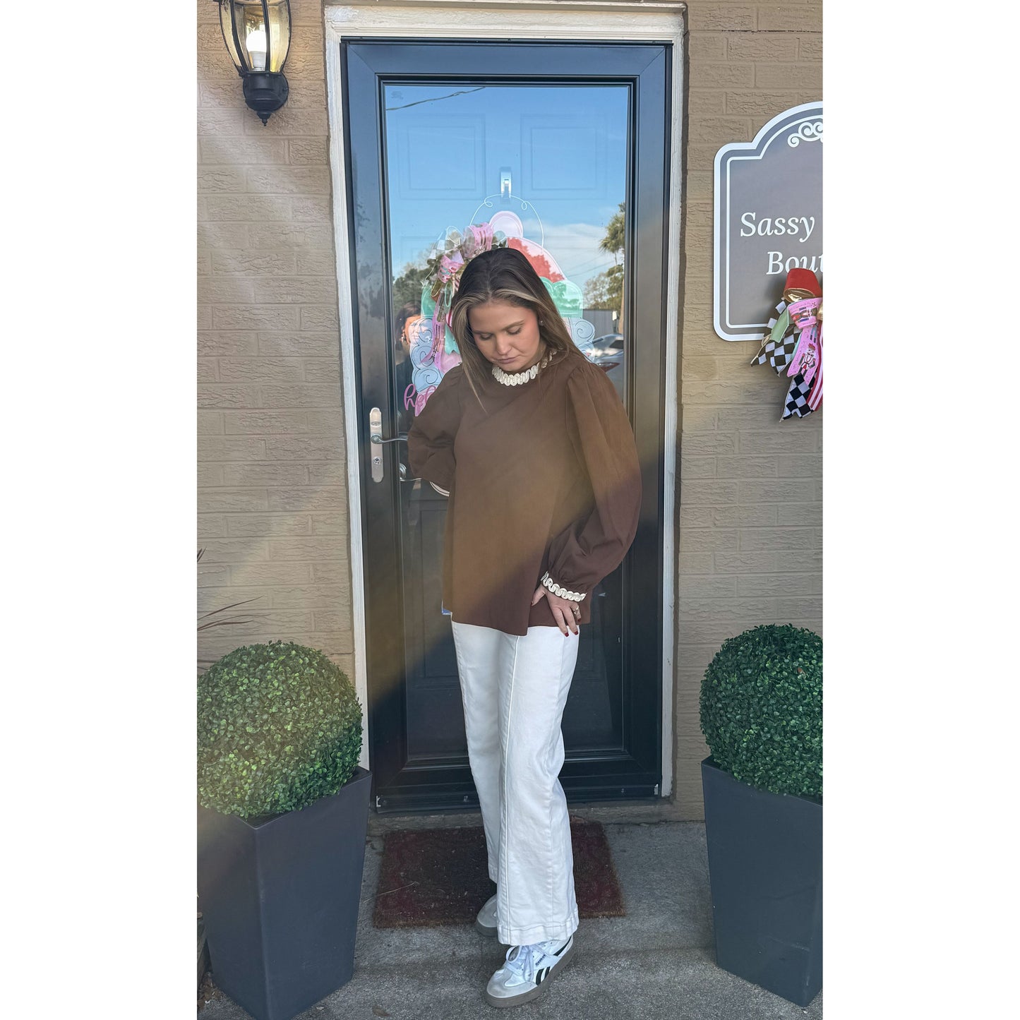 Brooke Detail Blouse, Brown/Ivory