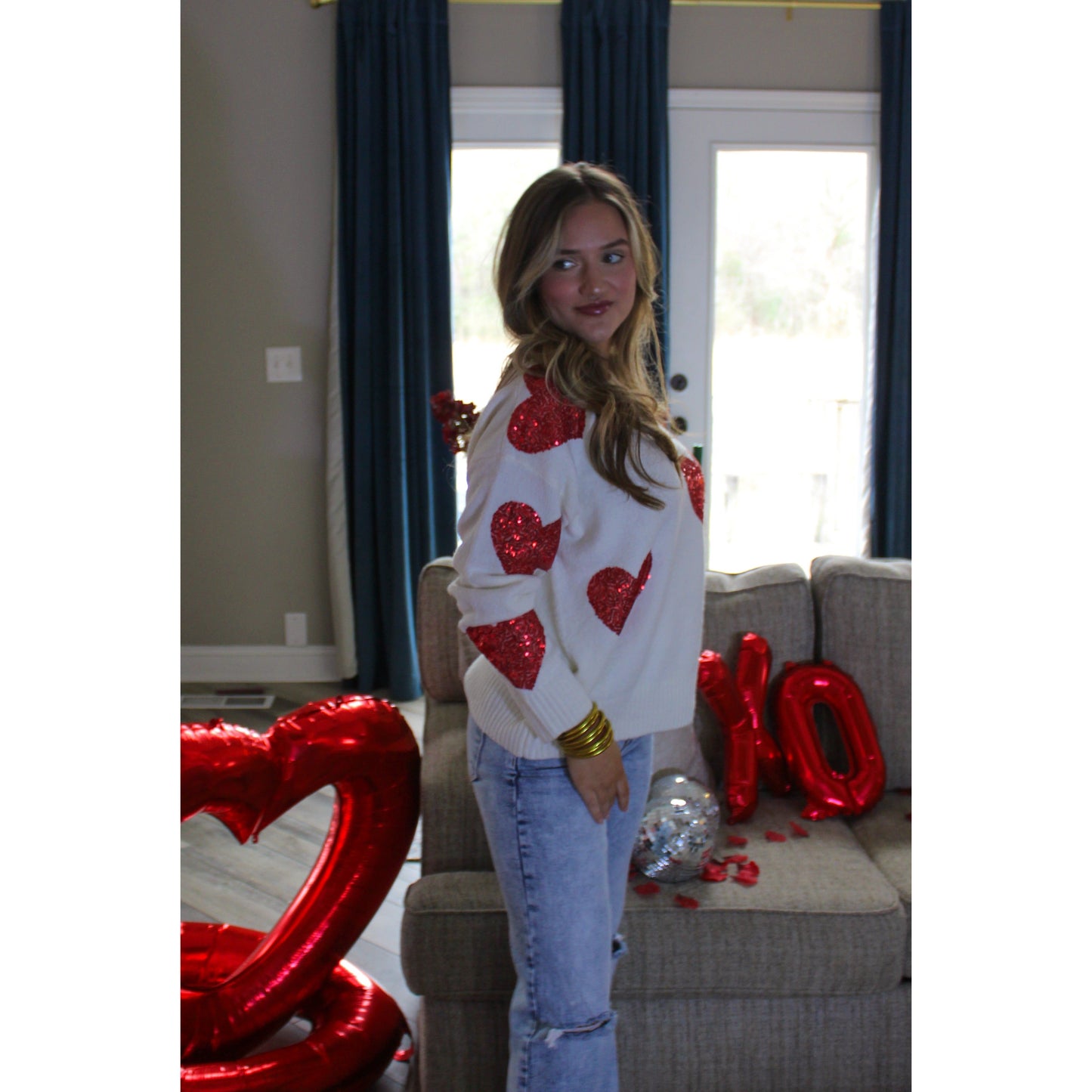 Whitney Heart Sequin Sweater, Ivory/Red