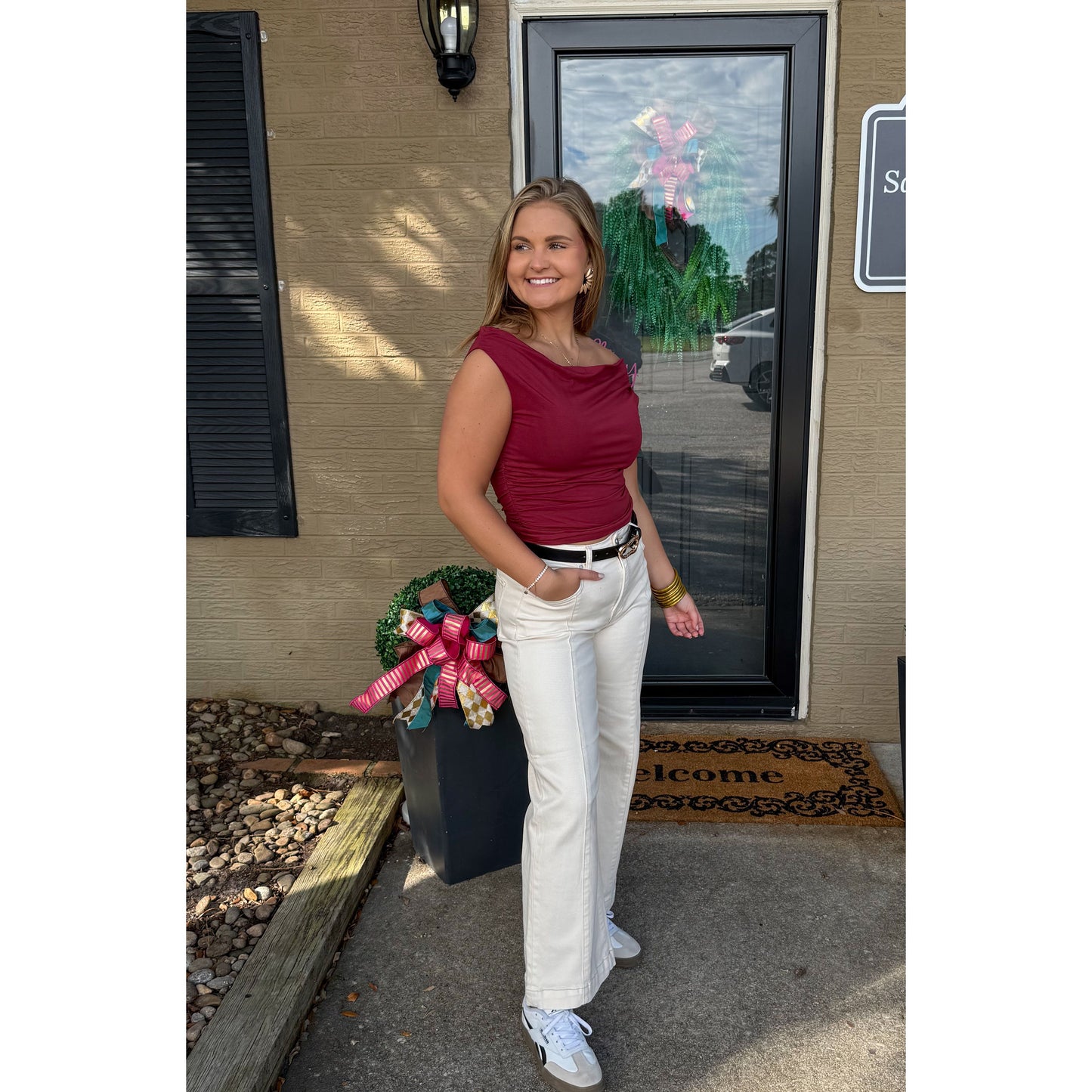 Asymmetrical Neckline Top, Burgundy